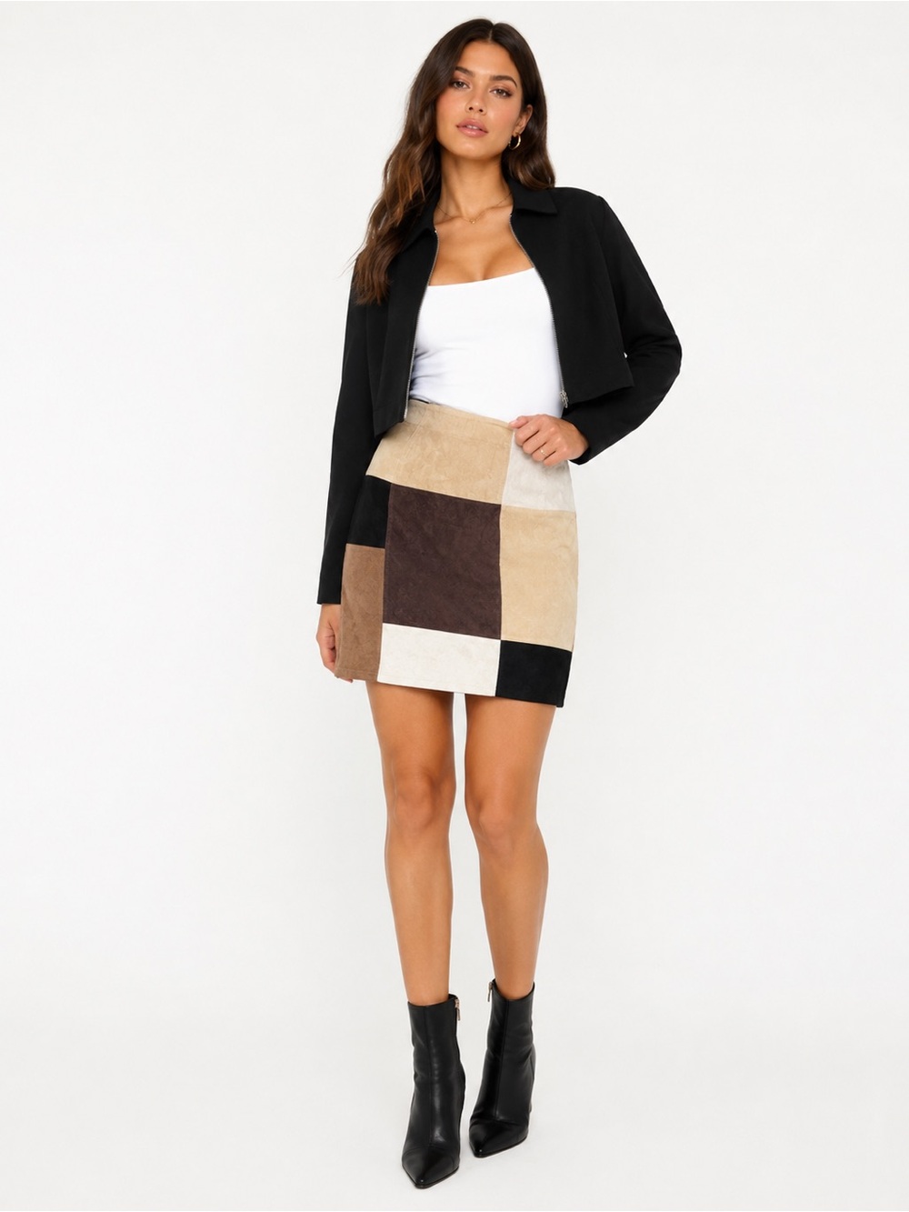 Alfani Patchwork Suede Mini Skirt in Beige, Brown, Black & Cream